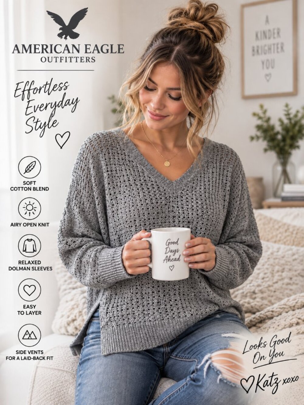 American Eagle Gray Open Knit Dolman Sweater XS Wool Blend Oversized Pullover
